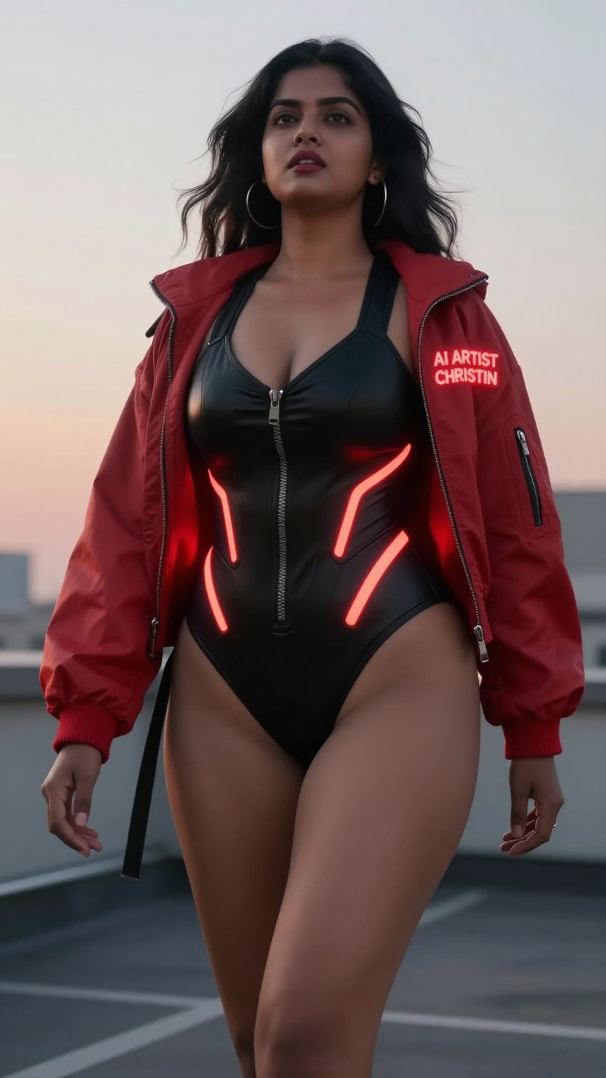 low-angle cyberpunk fashion shot of a curvy South Asian woman in a black futuristic exosuit with fluorescent red glowing s...