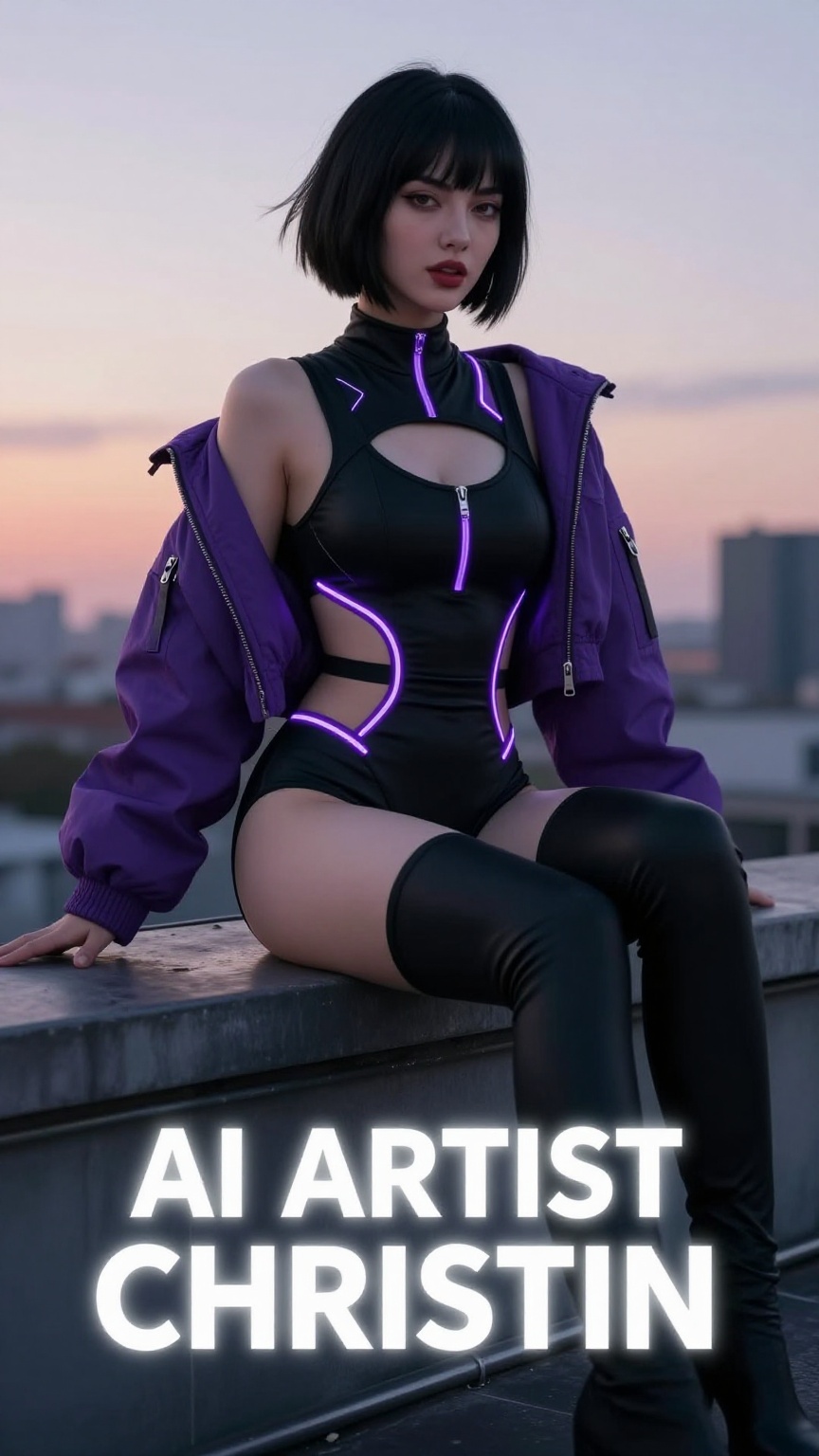 dark cyberpunk techwear editorial of a slim pale woman with short asymmetrical black hair,  black bodysuit with neon purpl...
