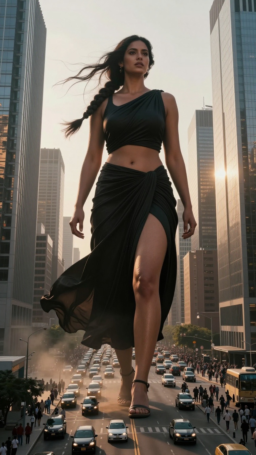 Ultra-photorealistic street-level documentary photograph of a towering colossal giantess woman standing amid a sprawling m...