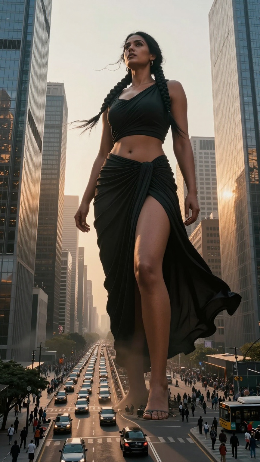 Ultra-photorealistic street-level documentary photograph of a towering colossal giantess woman standing amid a sprawling m...