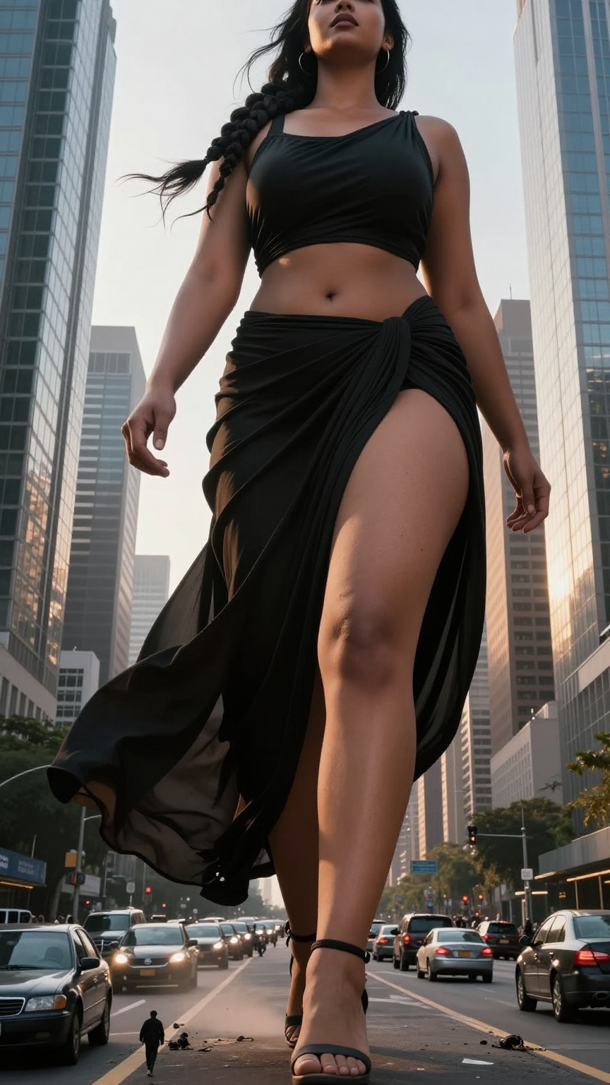 A towering giantess woman with an enormous hourglass figure standing above every skyscraper in a modern megacity,  capture...