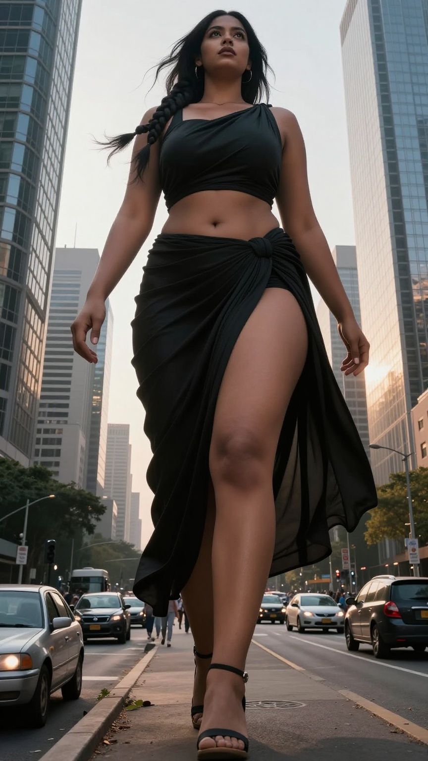 A towering giantess woman with an enormous hourglass figure standing above every skyscraper in a modern megacity,  capture...