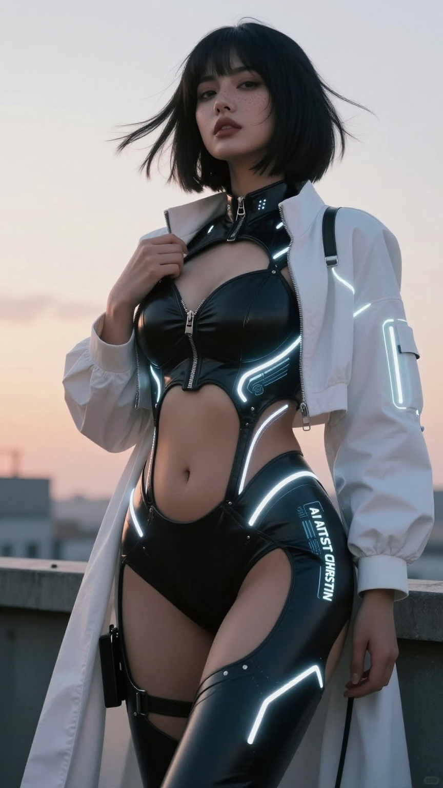 cinematic futuristic couture portrait of a beautiful cyberpunk woman with pale skin,  soft freckles,  and a sleek black bo...