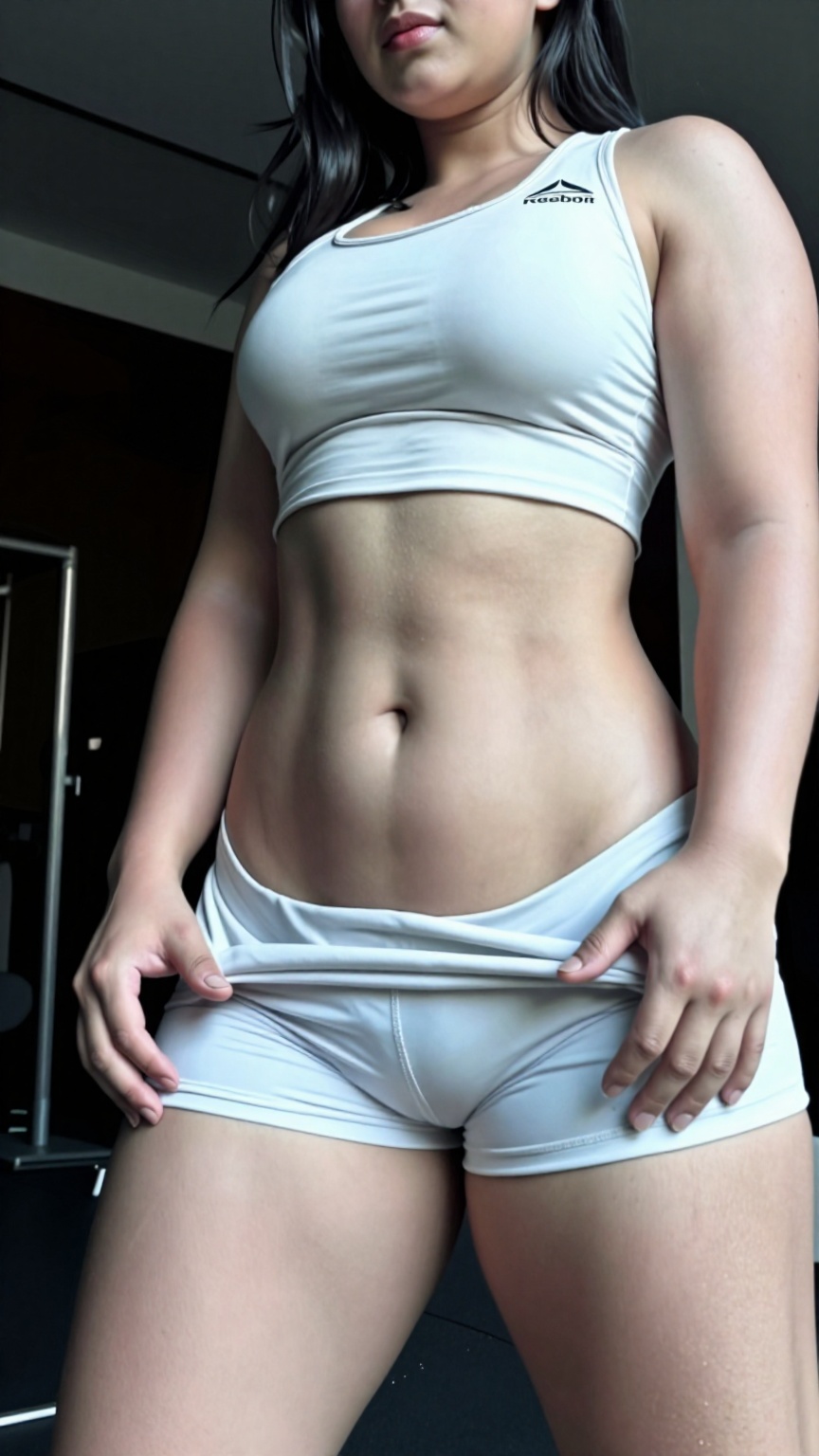 Young East Asian fitness model,  pale porcelain skin with visible pores and realistic body texture,  muscular feminine bod...