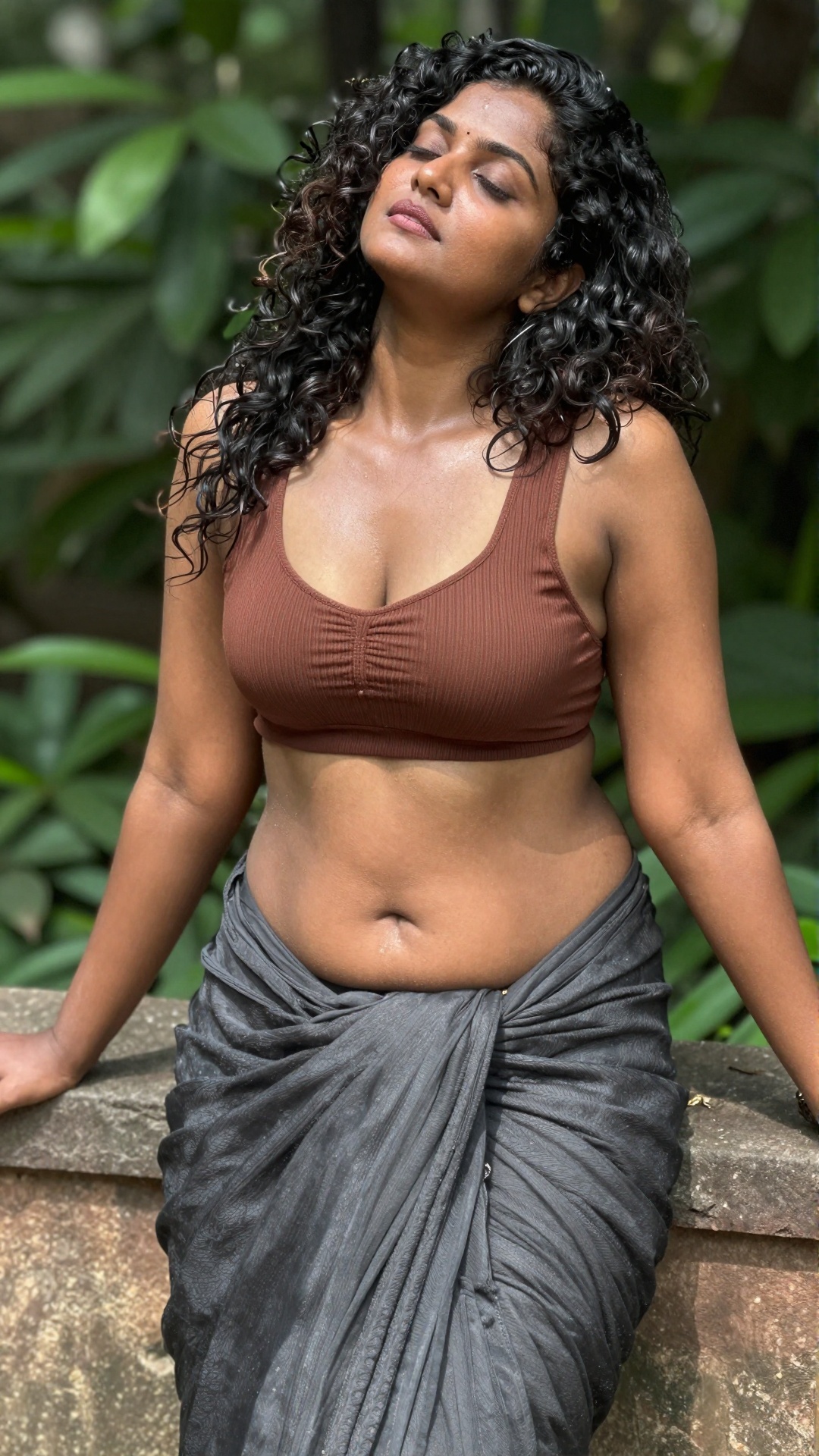 Create image An 8K ultra-high-resolution photograph captures a young South Asian woman with curly,  dark hair,  wearing a...