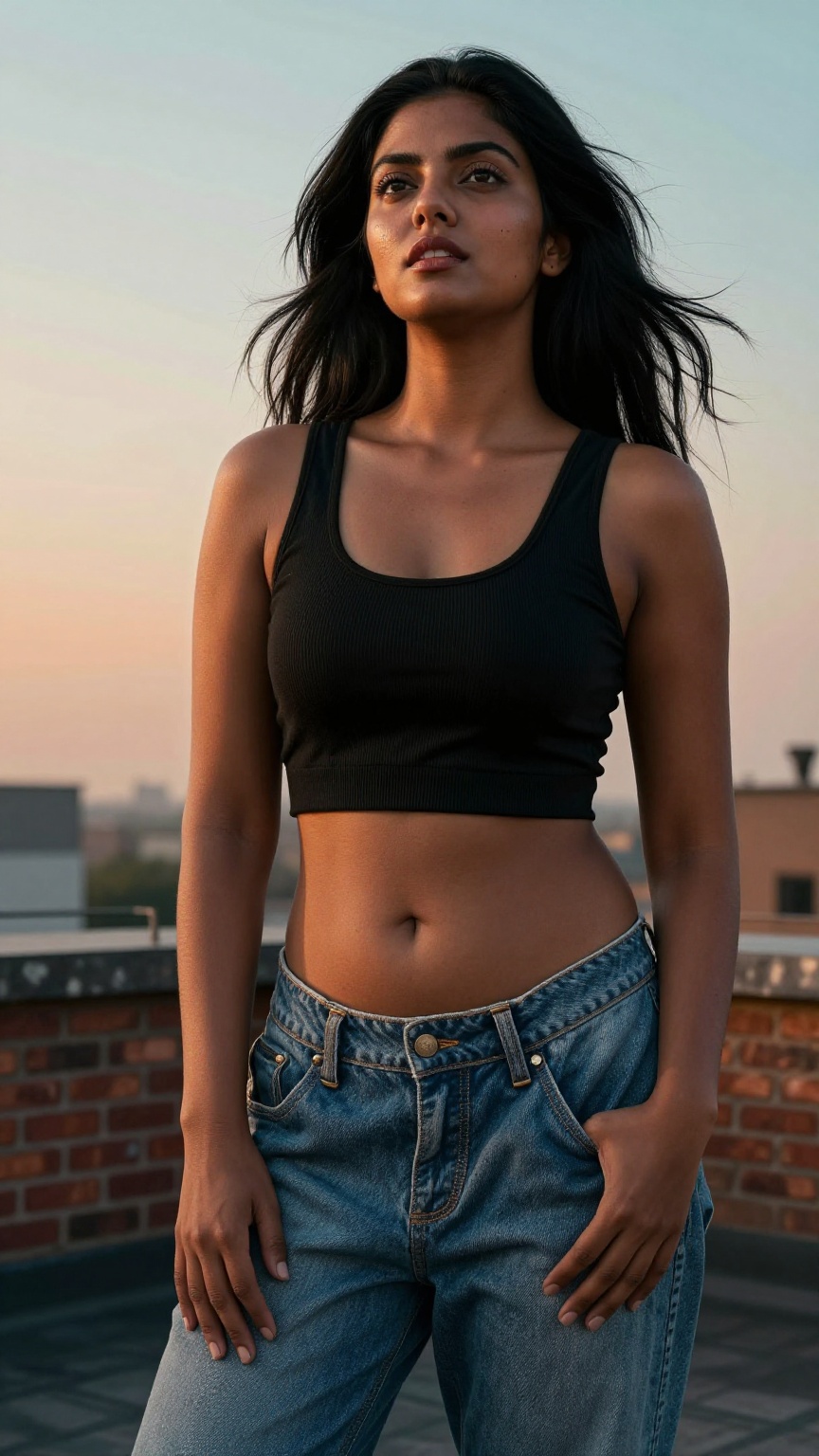Ultra-realistic fashion editorial portrait captured from an extreme low-angle ground perspective looking upward into the s...