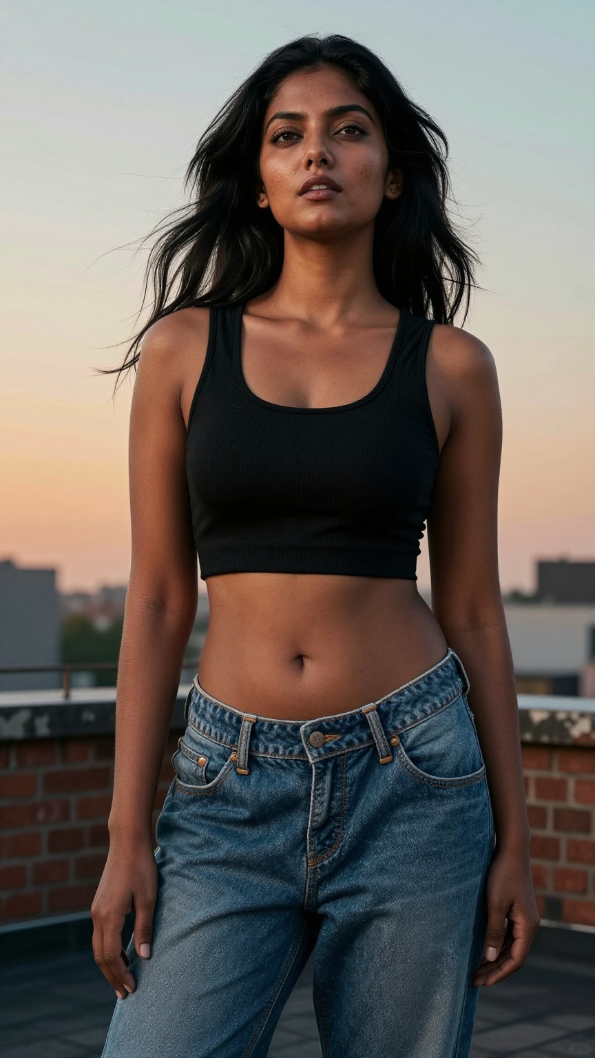 Ultra-realistic fashion editorial portrait captured from an extreme low-angle ground perspective looking upward into the s...