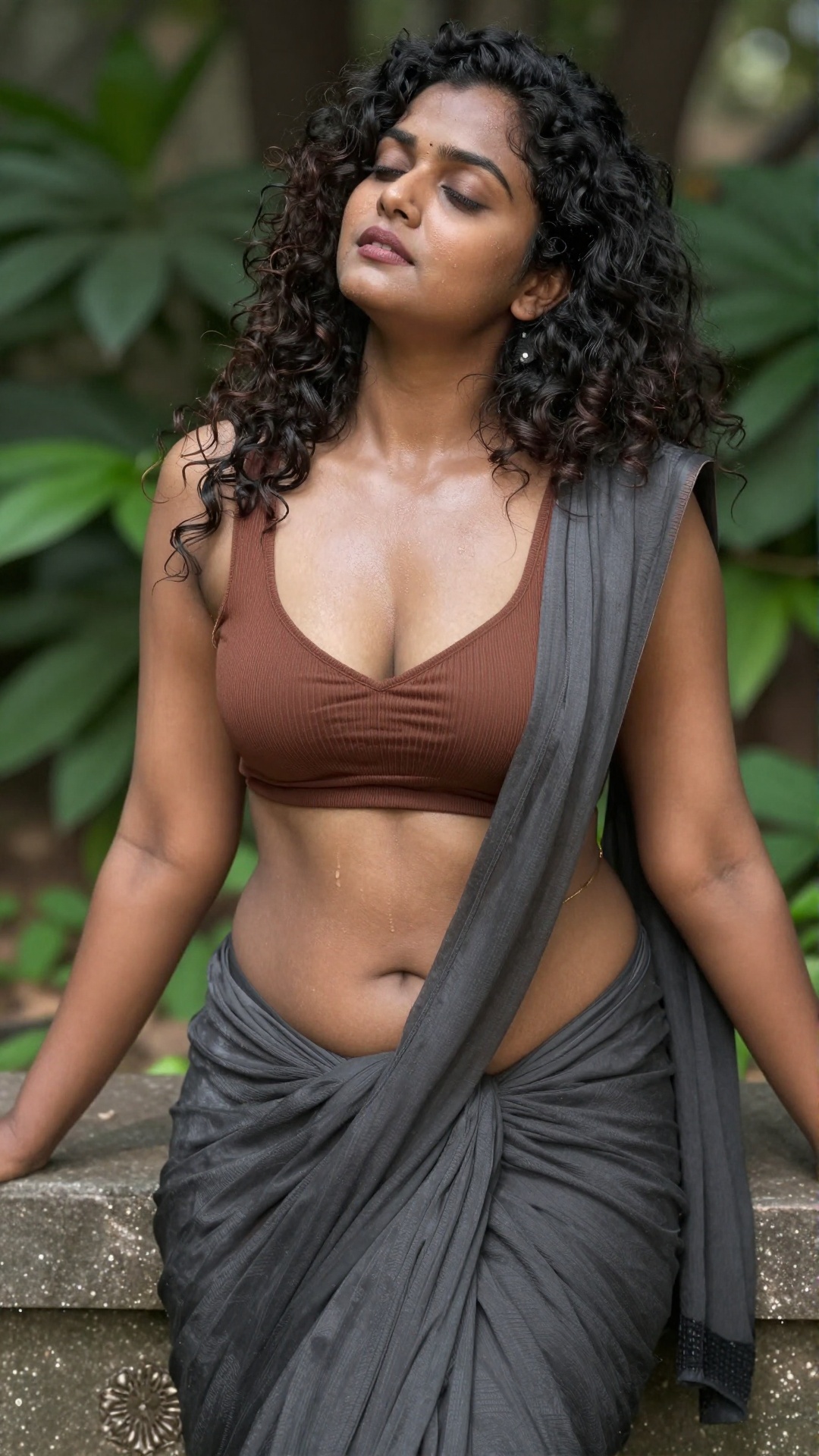 Create image An 8K ultra-high-resolution photograph captures a young South Asian woman with curly,  dark hair,  wearing a...