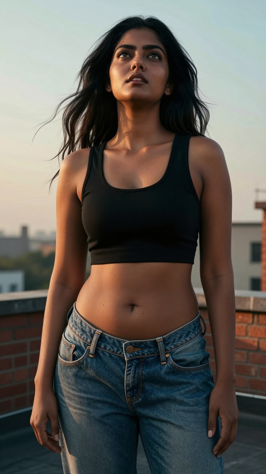 Cinematic extreme low-angle shot from ground level aimed upward toward the open sky,  showing a confident young South Asia...