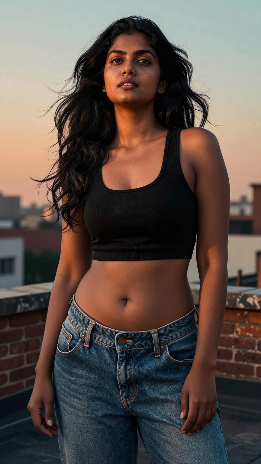 Ultra-realistic fashion editorial portrait captured from an extreme low-angle ground perspective looking upward into the s...