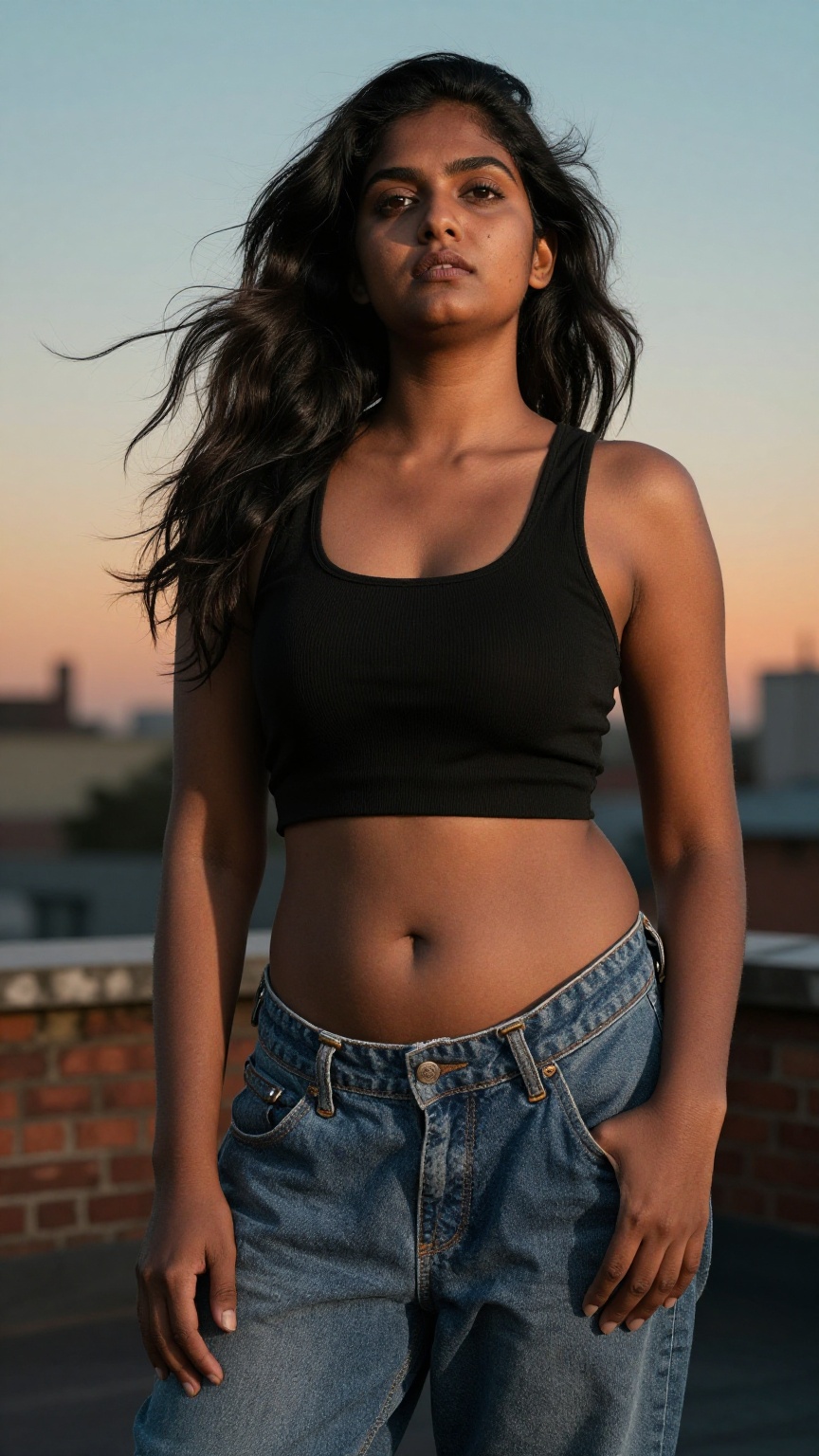 Ultra-realistic fashion editorial portrait captured from an extreme low-angle ground perspective looking upward into the s...
