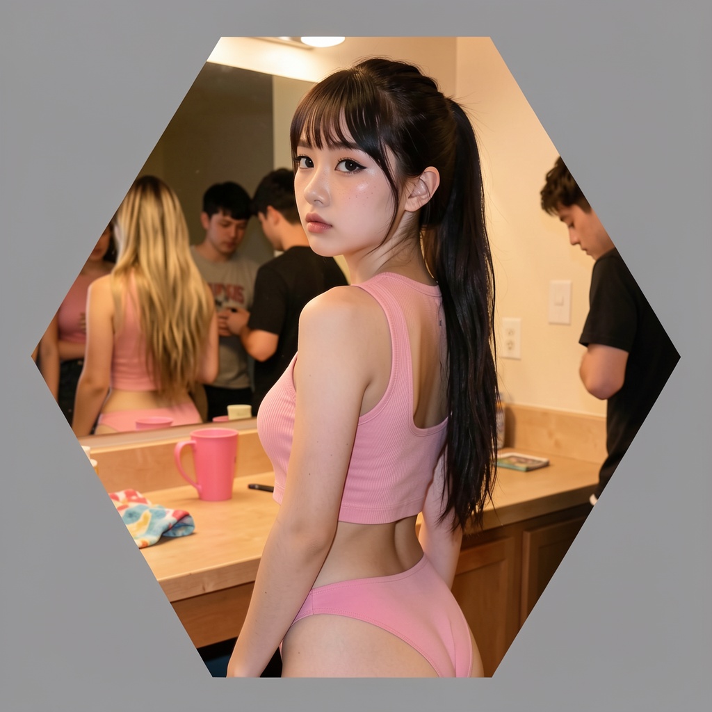 Photograph of a young Asian woman with fair skin and long,  dark brown hair tied back in a ponytail. She is standing in a...