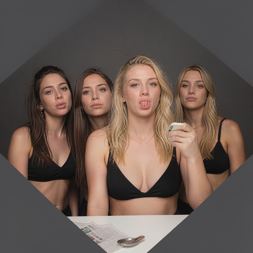 Photograph of four young women taking a selfie in a dimly lit room. The central woman,  with blonde,  wavy hair and light...