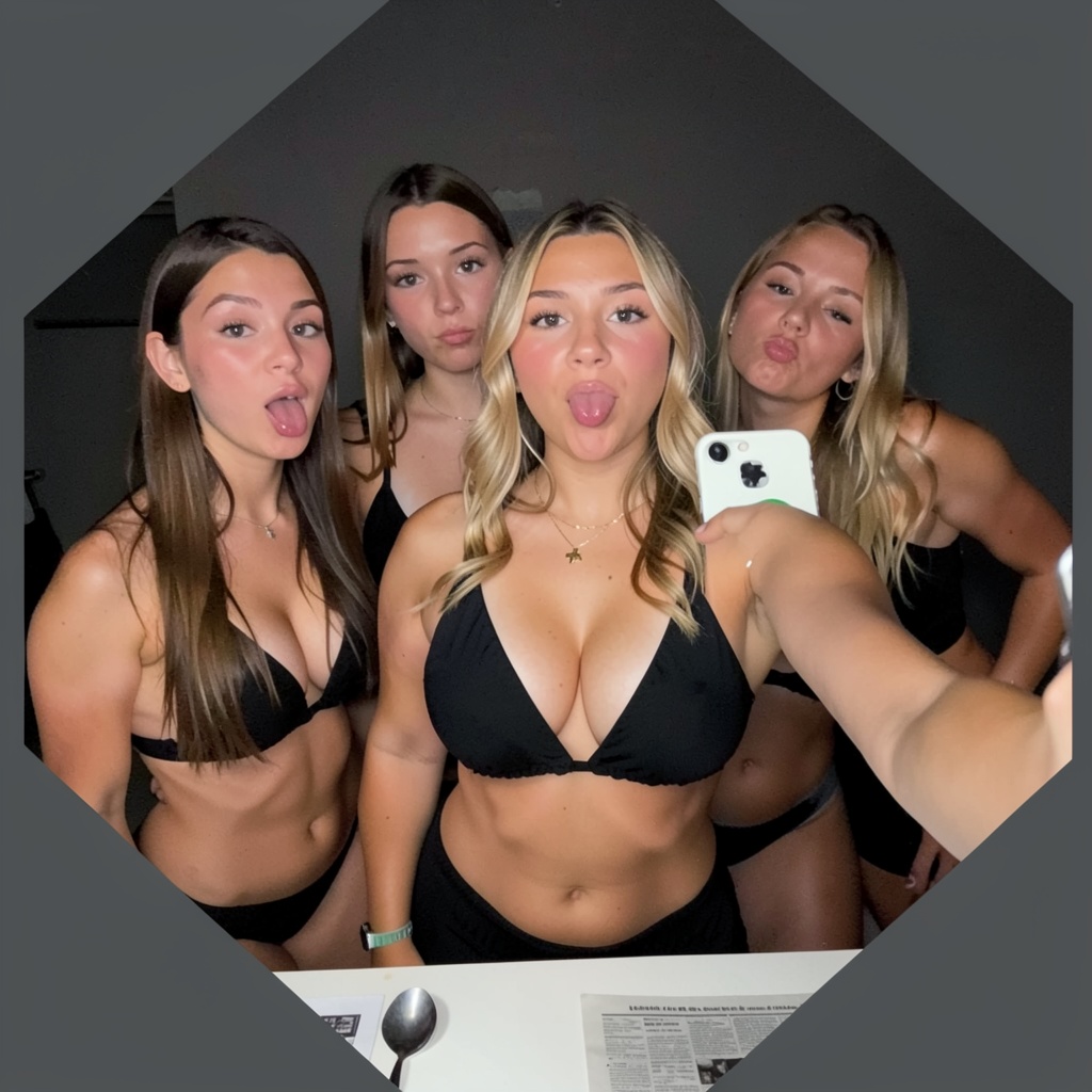 Photograph of four young women taking a selfie in a dimly lit room. The central woman,  with blonde,  wavy hair and light...
