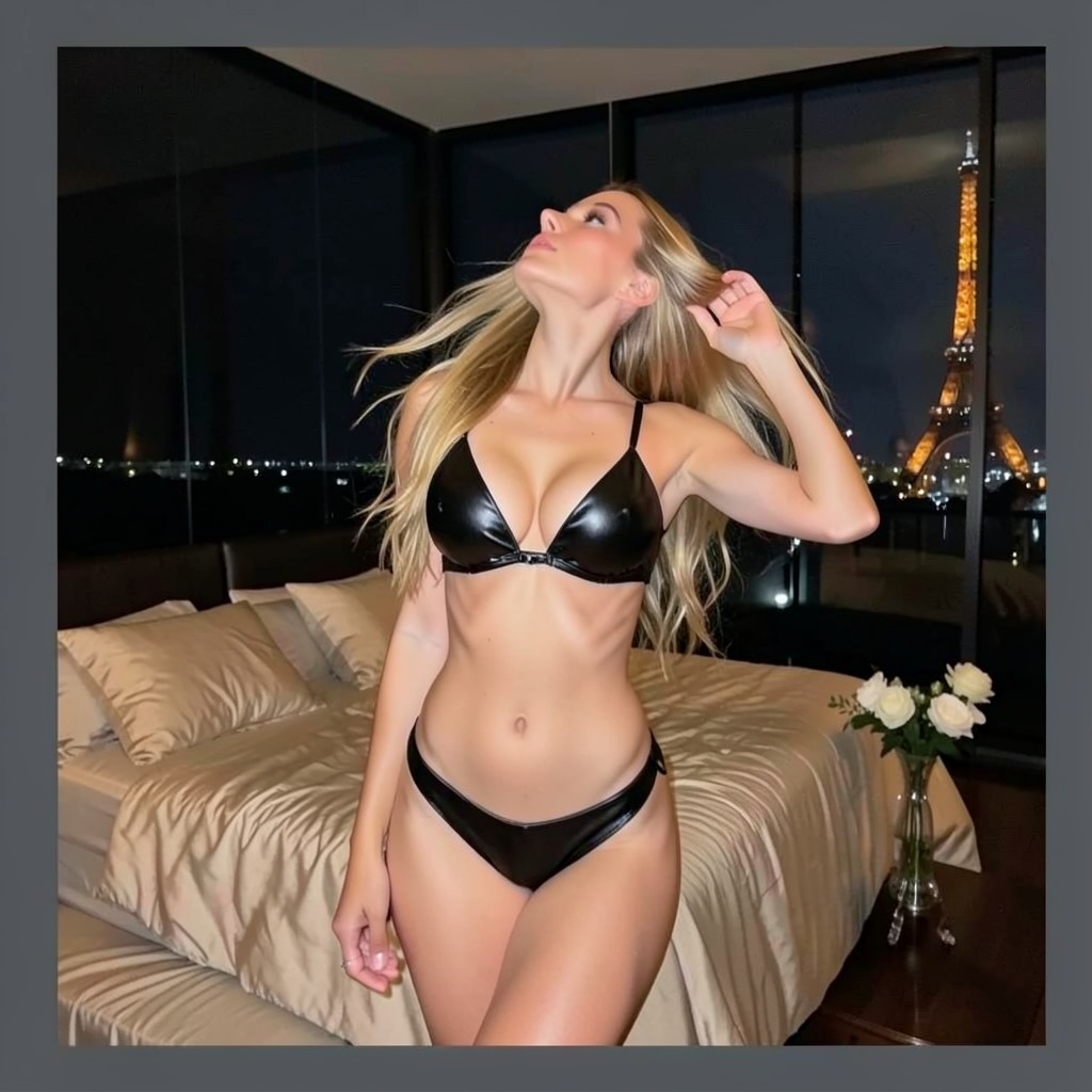 Photograph of a slender,  fair-skinned woman with long blonde hair standing in a luxurious,  dimly lit room with a view of...