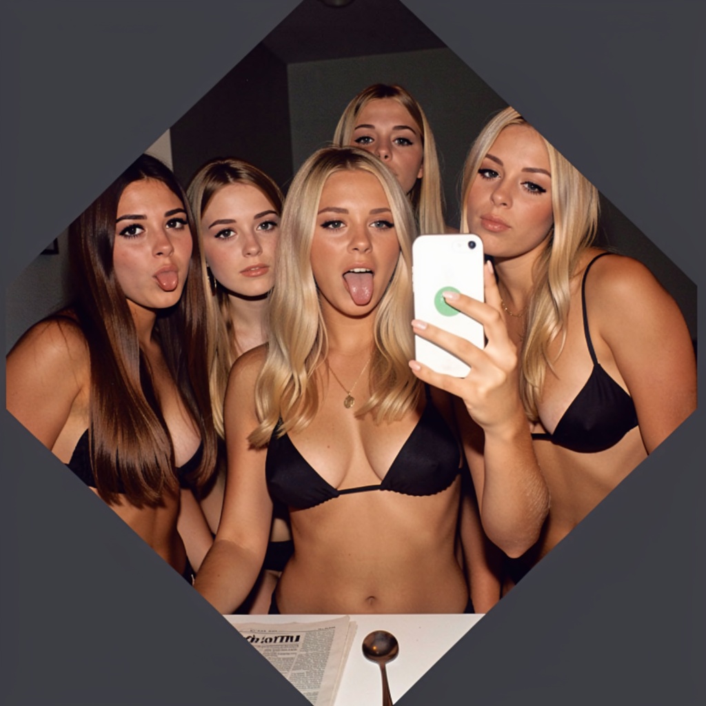 Photograph of four young women taking a selfie in a dimly lit room. The central woman,  with blonde,  wavy hair and light...