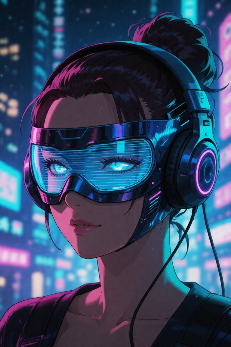 A cinematic portrait of a cyberpunk woman in a neon-lit futuristic city at night,  viewed from a slight angle rather than...