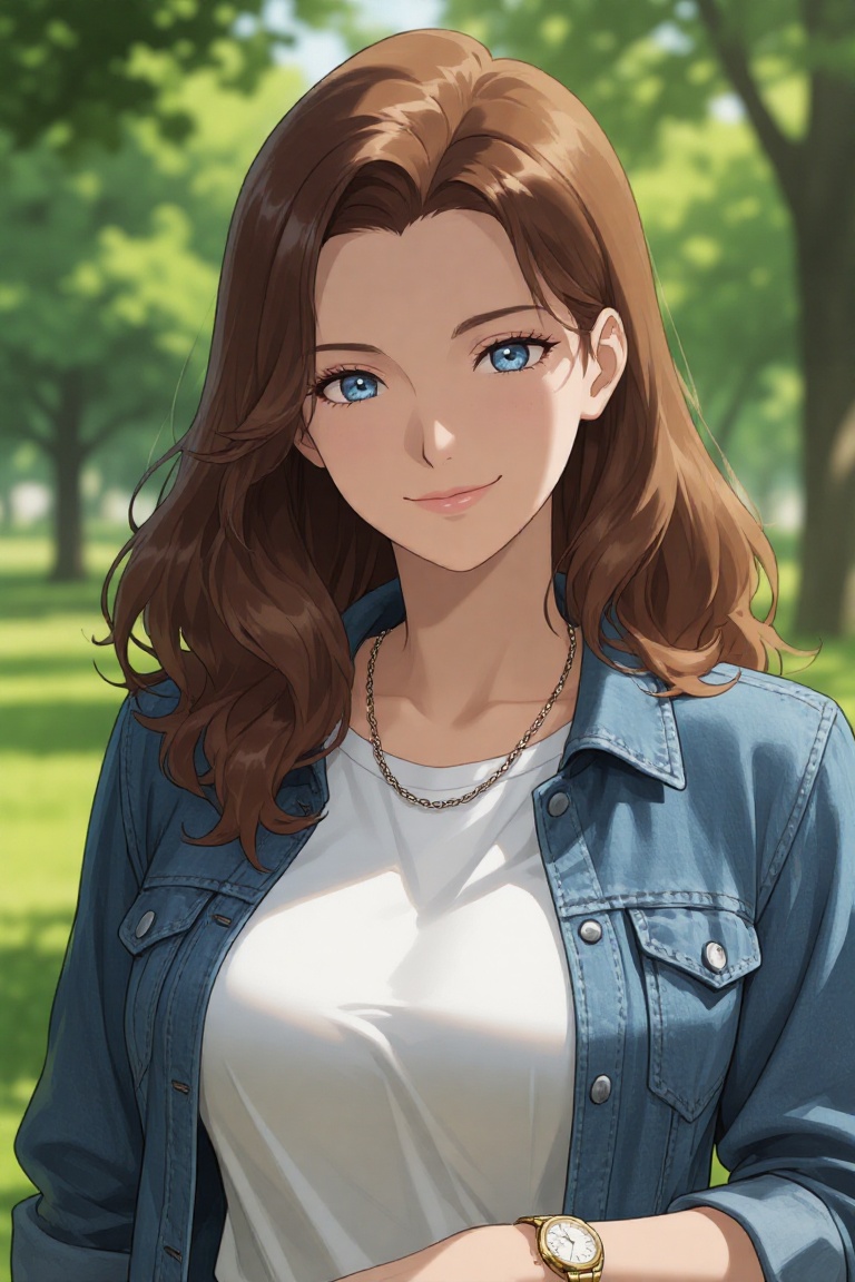 Professional editorial portrait illustration of a woman in a park. Captured with realistic detail,  shallow depth of field...