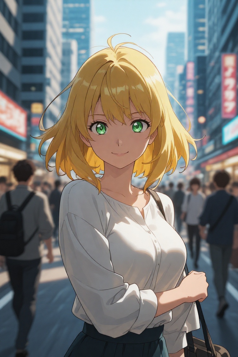 A beautifully animated scene from a realistic anime film,  featuring a young woman outdoors in a half-body composition aga...