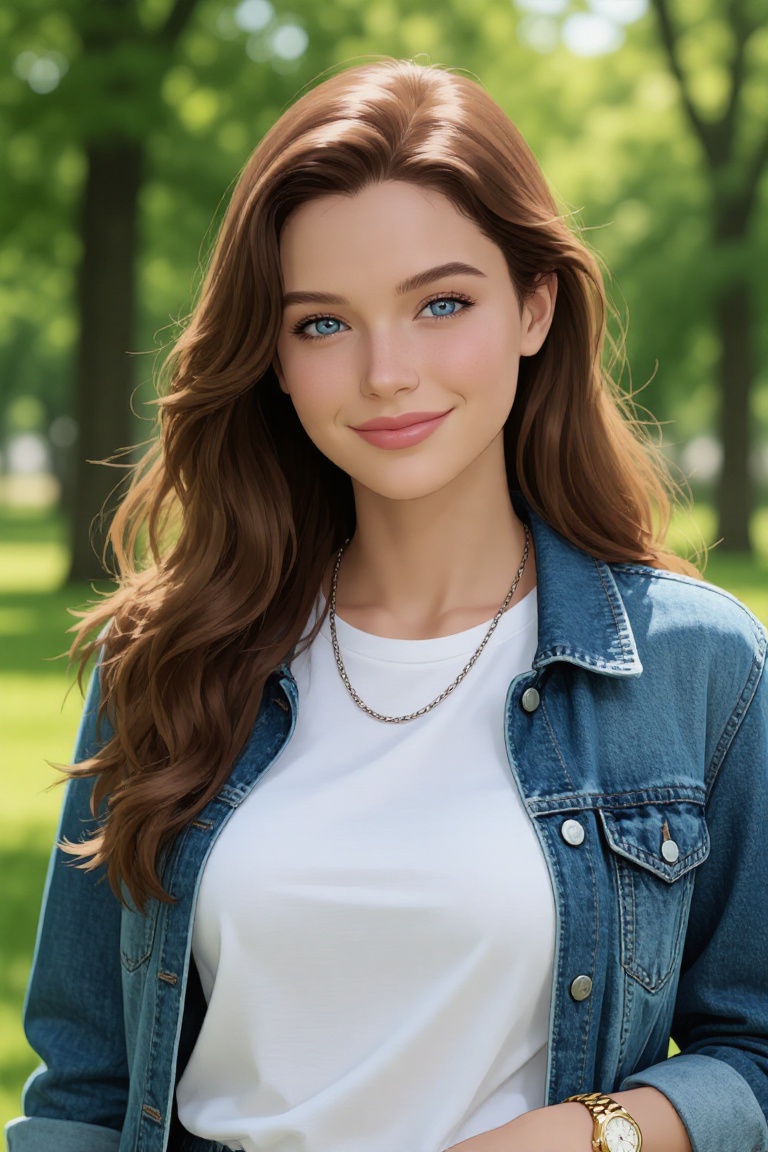 Professional editorial portrait photograph taken during an outdoor photoshoot in a park. Captured with a full-frame camera...