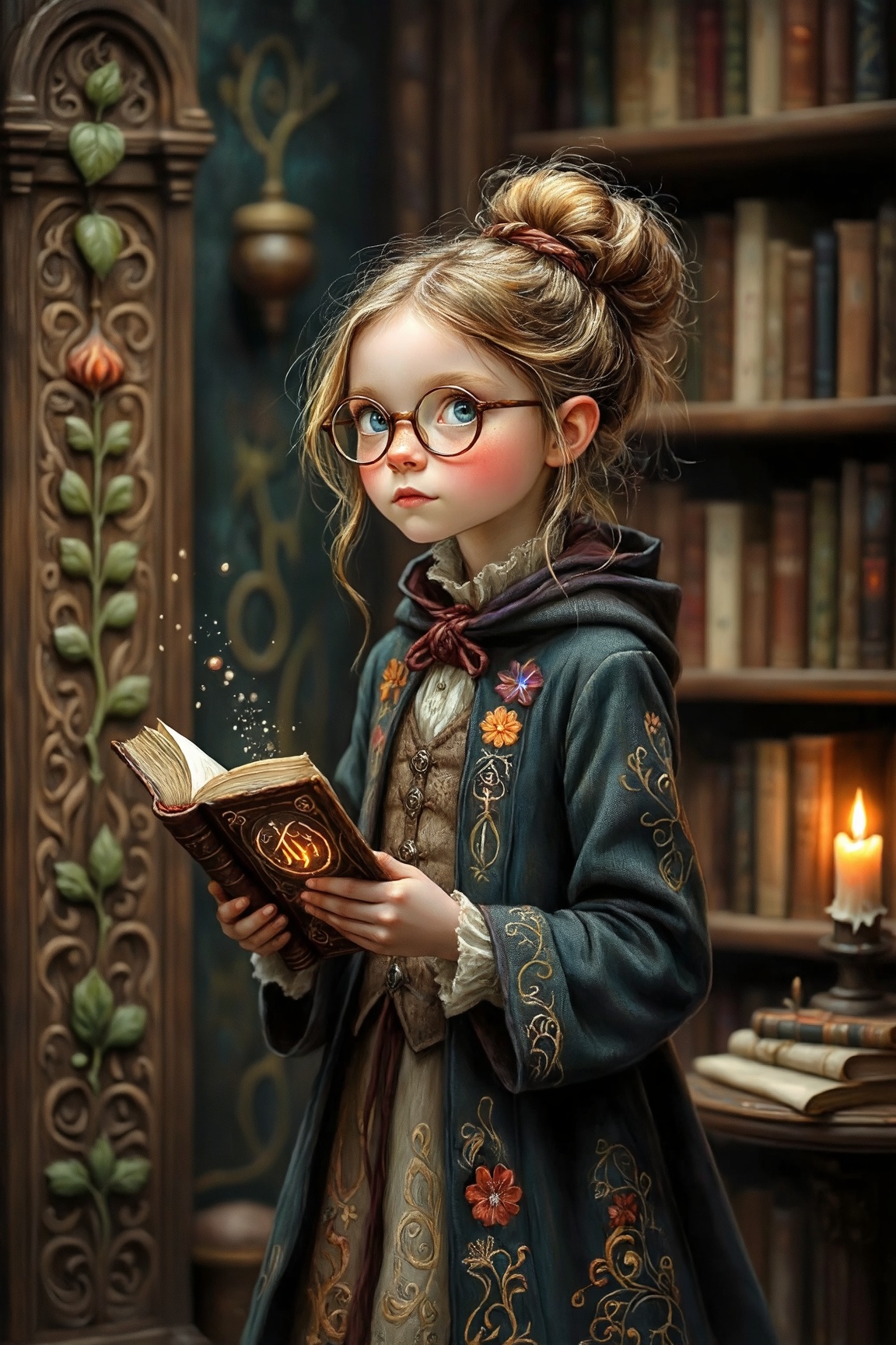whimsical fantasy storybook illustration,  young rune librarian,  round glasses on Tensor.Art
