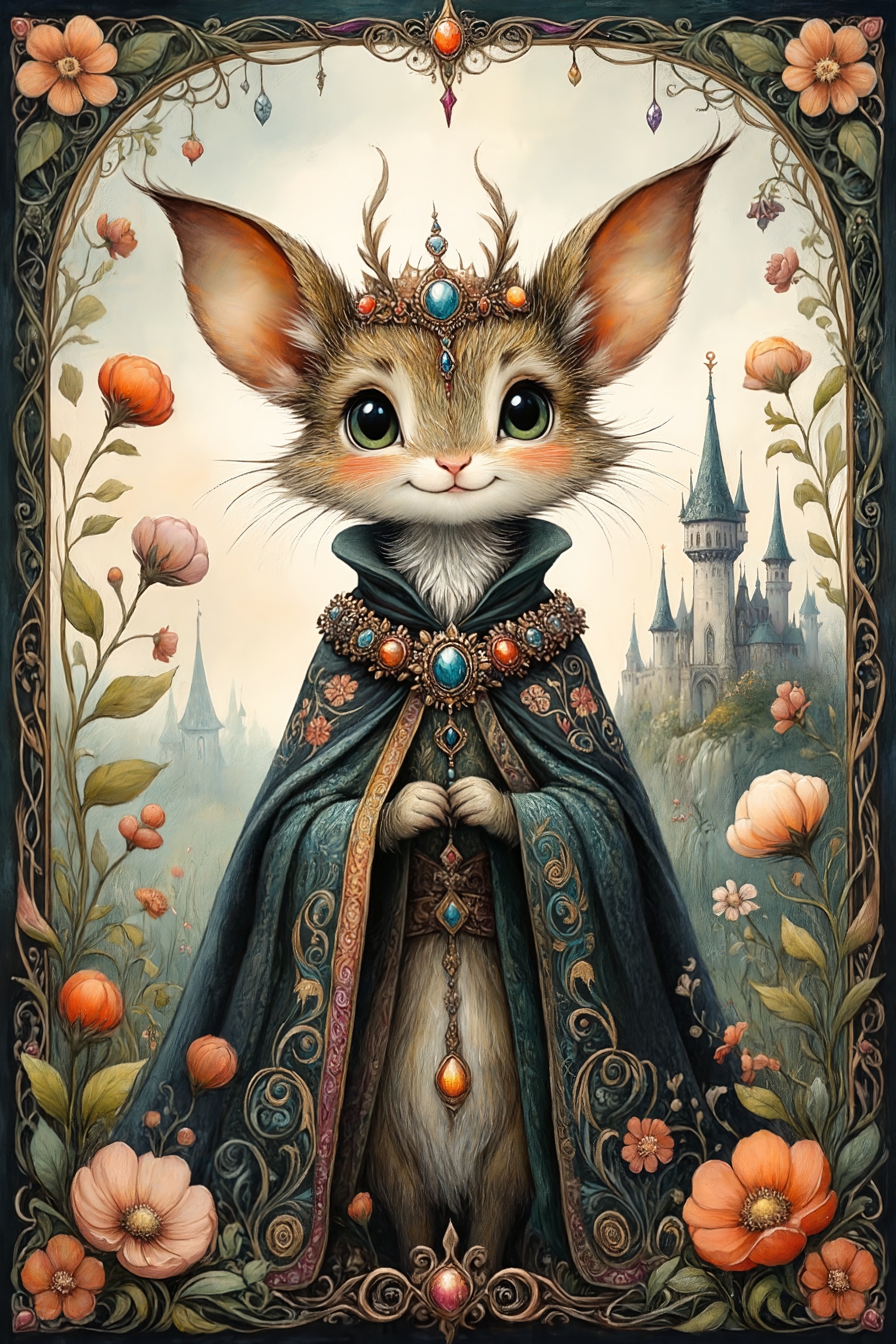 WonderLore,  whimsical fantasy storybook illustration,  small enchanted creature wearing a regal embroidered cape on Tenso...