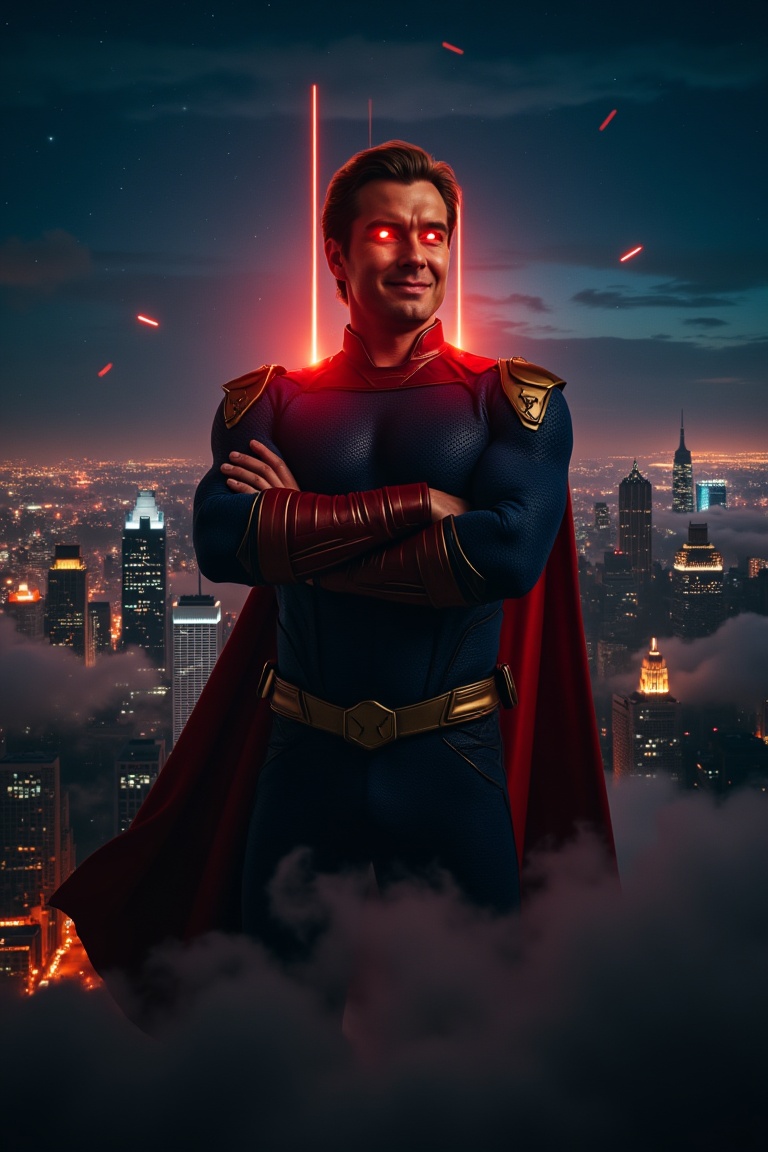 A flawless patriotic superhero hovers above a city at night,  glowing red eyes cutting through the darkness,  cape ripplin...