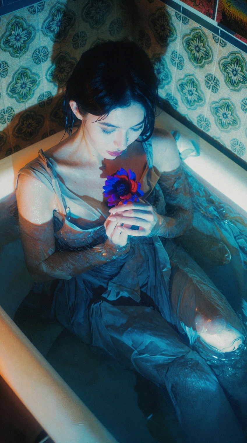 A woman with dark hair sits submerged in a bathtub filled with water,  her upper body and arms visible above the surface....