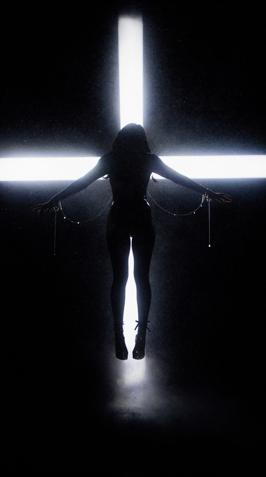 A silhouetted figure floats mid-air against pitch-black darkness,  arms outstretched horizontally,  intersected by two sta...