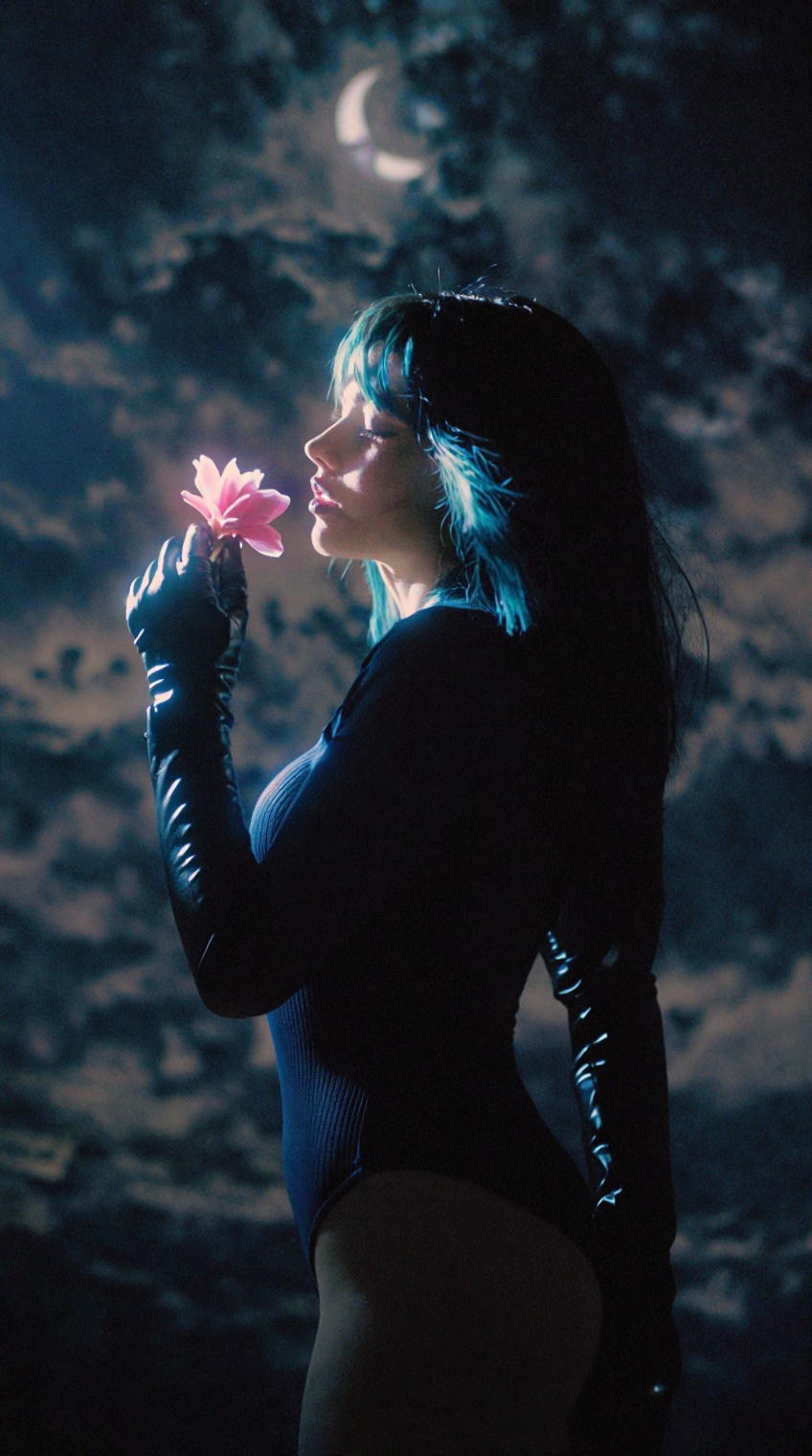 A cinematic,  ethereal portrait of a young woman with shoulder-length dark hair featuring teal-blue tips and soft bangs,...