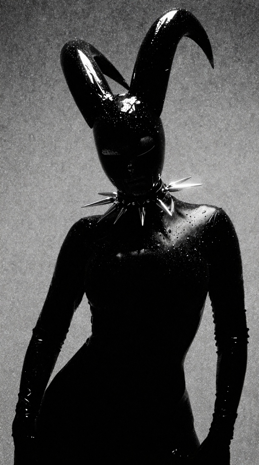 A figure stands in stark monochrome against a grainy,  neutral gray backdrop,  clad in a glossy black latex bodysuit that...