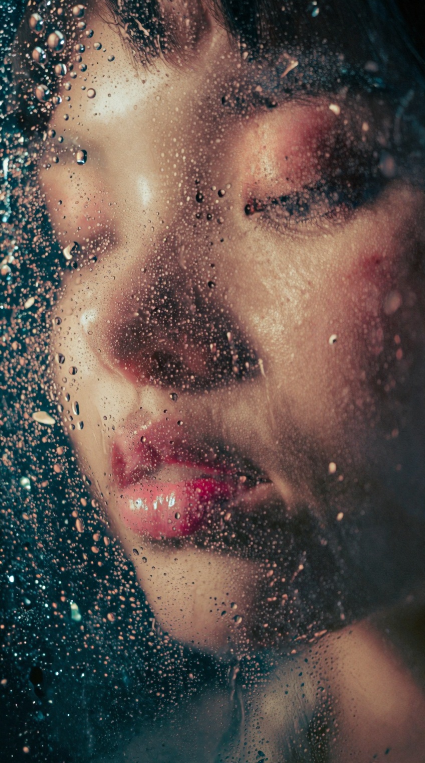 An extreme macro close-up portrait viewed through a glass pane covered in dense,  heavy condensation and thousands of micr...