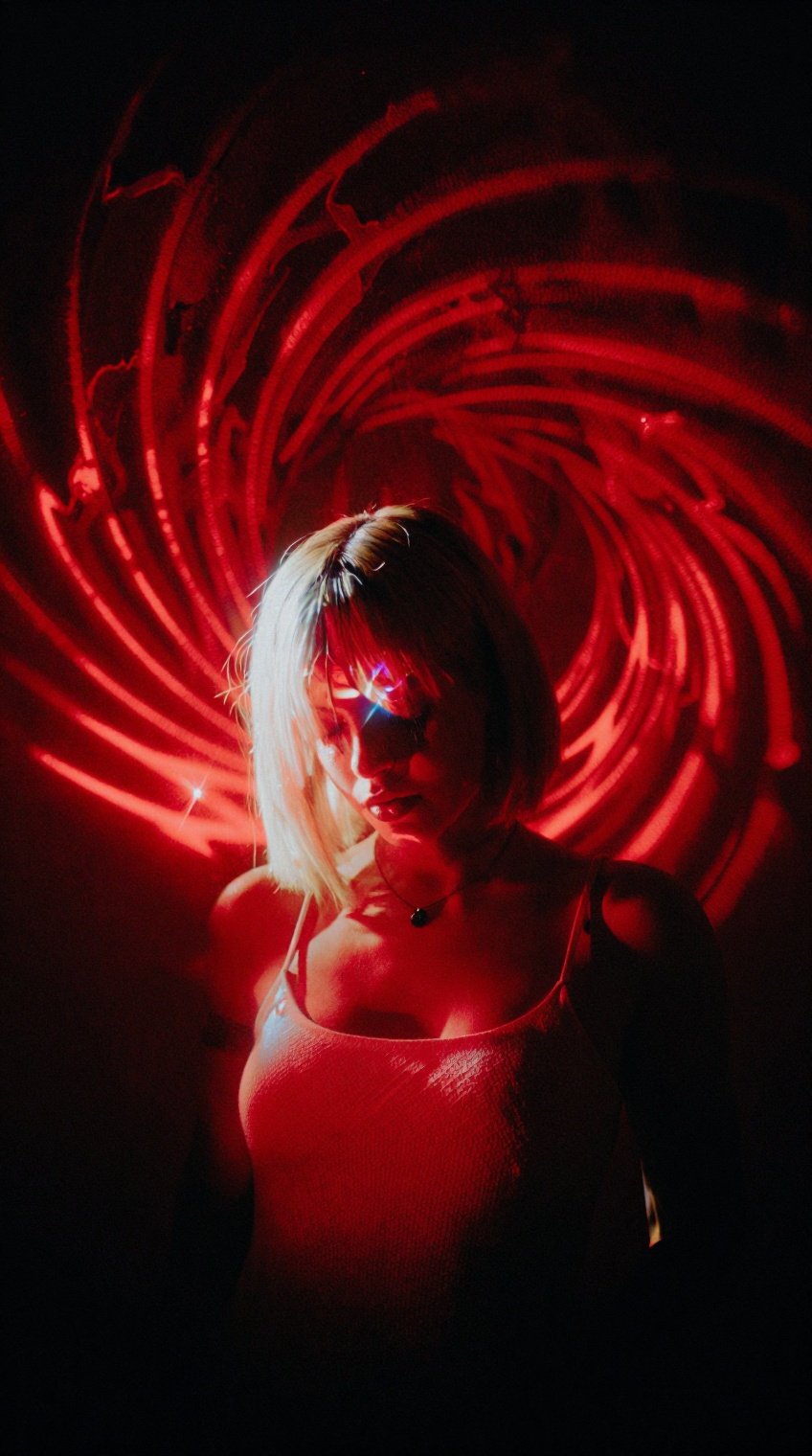 A mesmerizing,  high-contrast cinematic portrait of a young woman with a sleek,  platinum blonde bob haircut on Tensor.Art