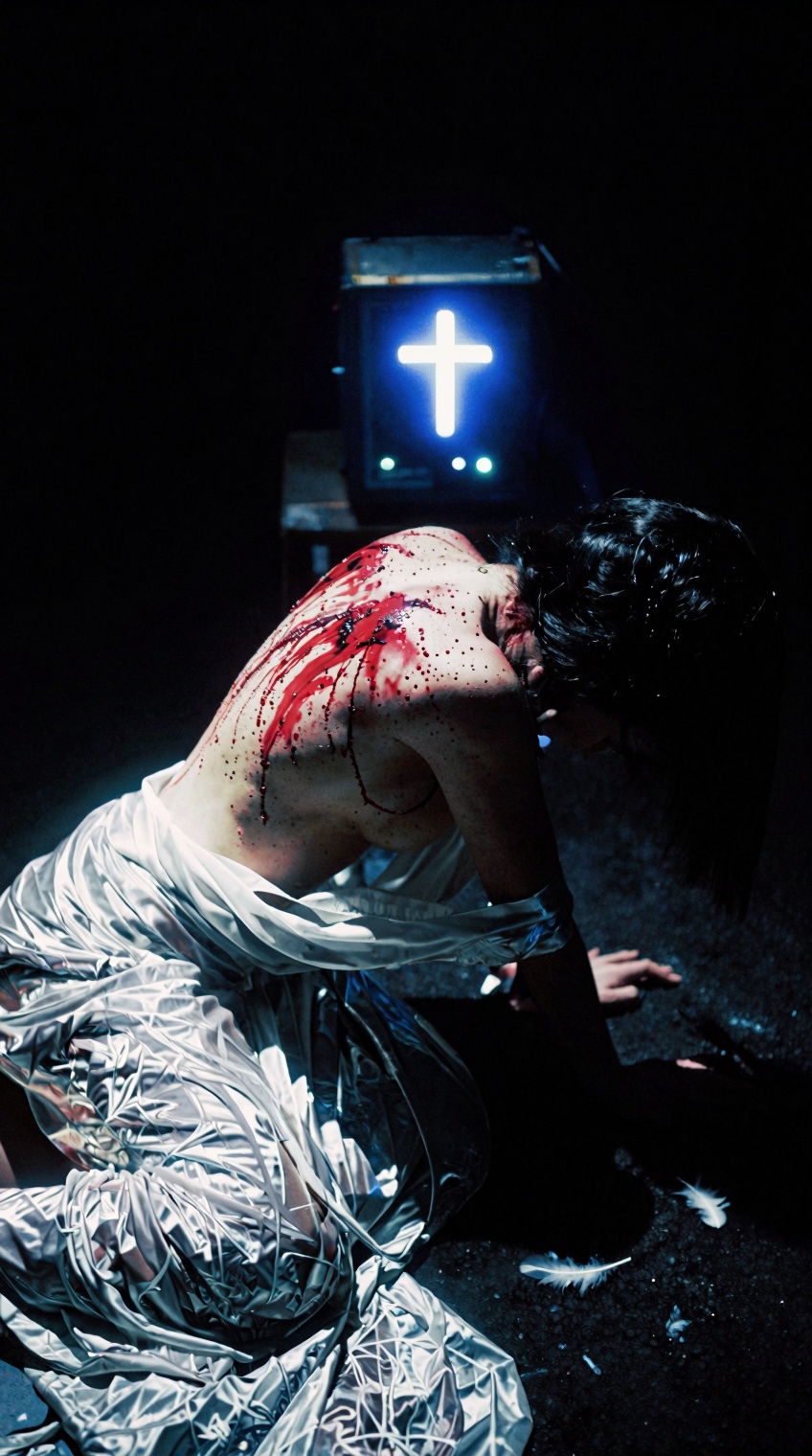 A person lies prone on a dark surface,  draped in shimmering silver-white fabric that pools around their limbs and torso....