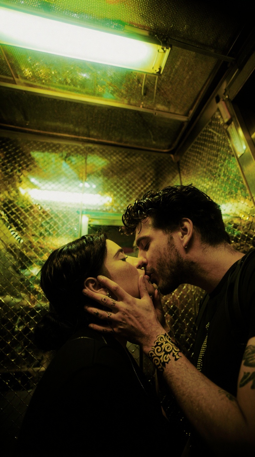 A man and a woman share an intimate kiss inside a confined elevator with diamond-plate metal walls,  bathed in a strong gr...