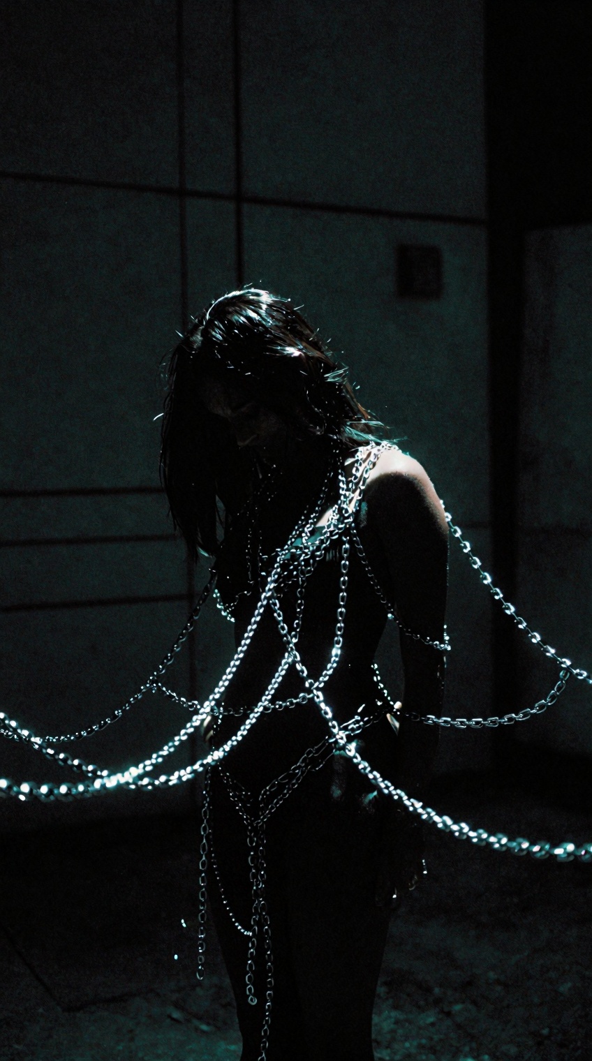 A silhouetted figure with long dark hair stands in a dimly lit,  industrial-style space,  their form partially obscured by...