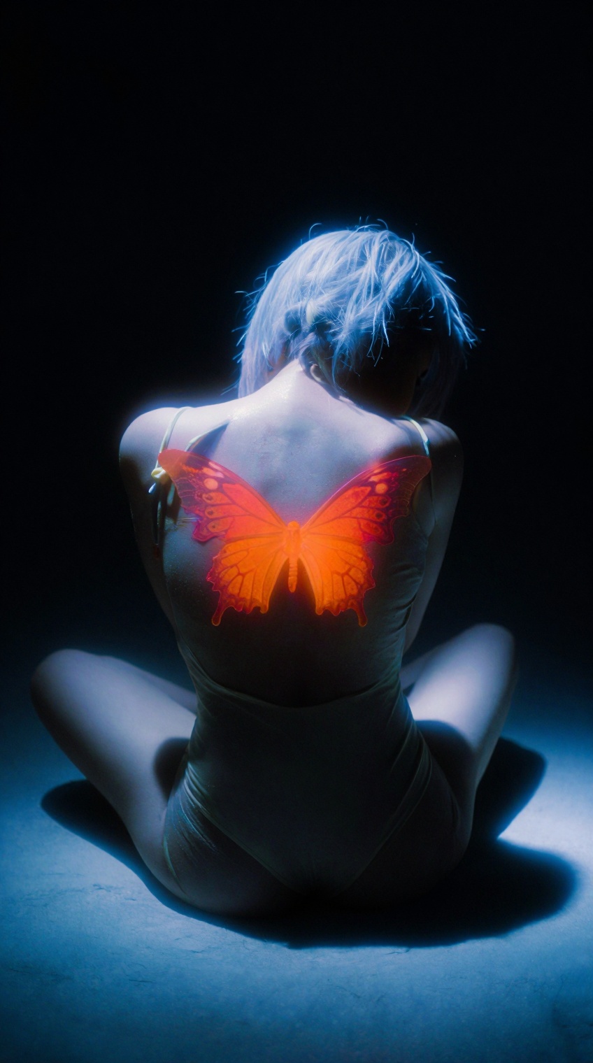 A person with pale,  silvery hair sits cross-legged in darkness,  their back to the viewer on Tensor.Art