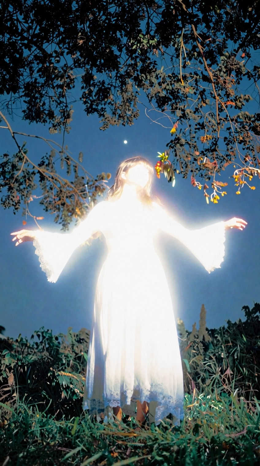 A luminous,  ethereal figure stands in a grassy clearing beneath a dark canopy of trees at twilight,  arms outstretched wi...