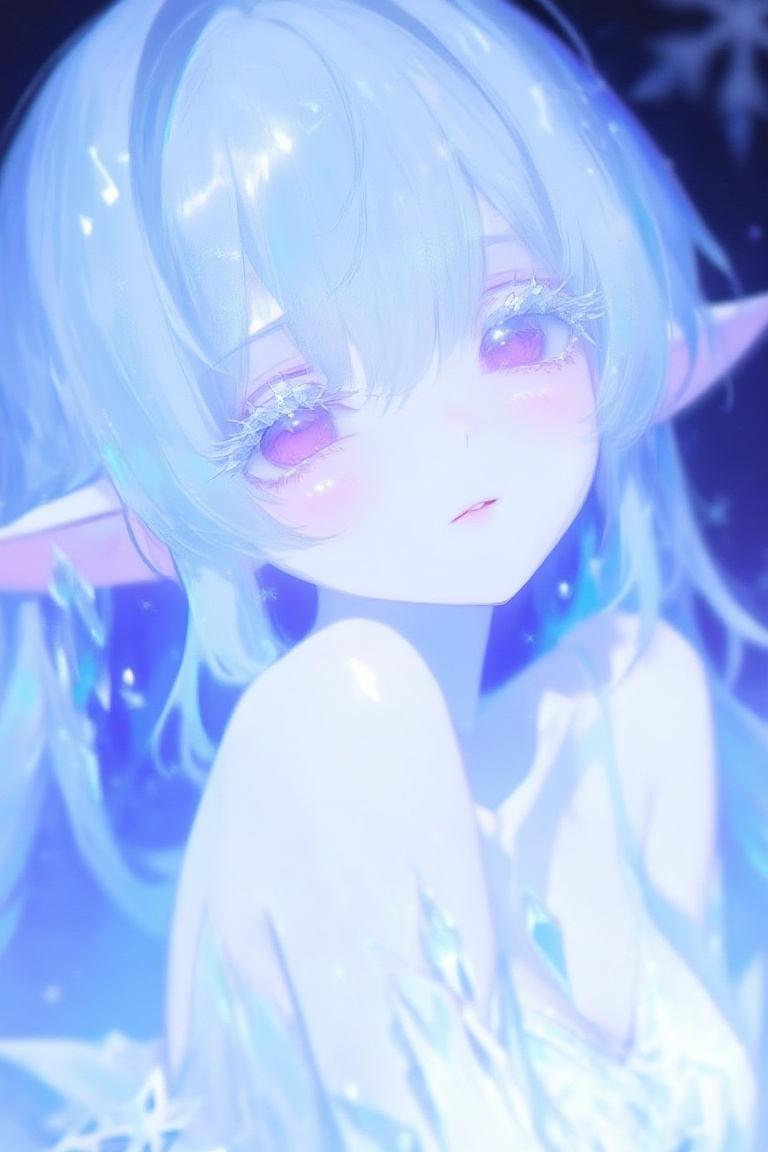 极地雪之巫女,  冰蓝色银光长发,  晶莹剔透的长睫毛。深邃紫瞳 by 五哈柏 on Tensor.Art