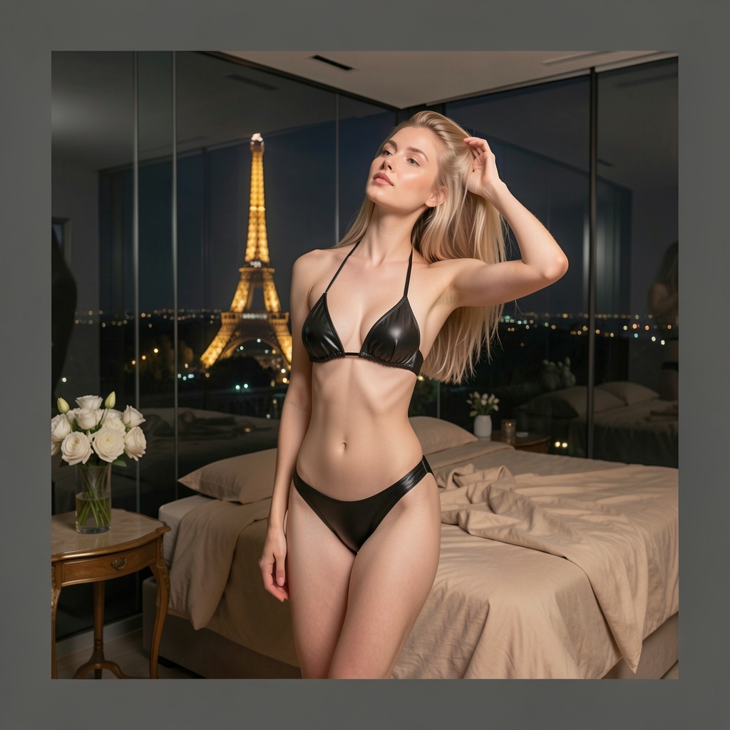 Photograph of a slender,  fair-skinned woman with long blonde hair standing in a luxurious,  dimly lit room with a view of...