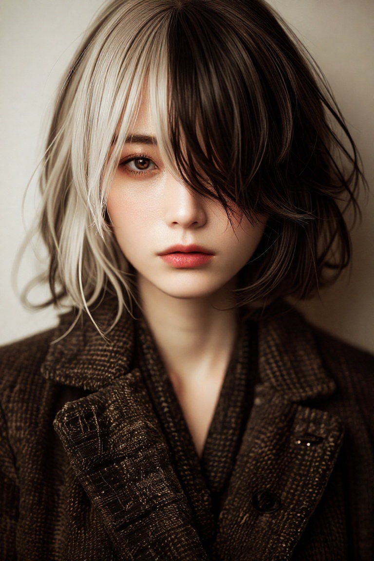 A woman with a mix of white and grey hair,  her face partially hidden by streaked strands over one eye and dark bangs cove...