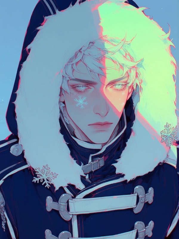 0mu0,  male with messy white hair with pale blue frost tips,  ice-grey eyes with reflective catchlights on Tensor.Art