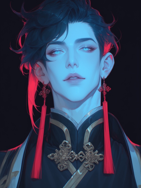 0mu0,  portrait,  male with asymmetrical dark blue hair with crimson red tips on Tensor.Art