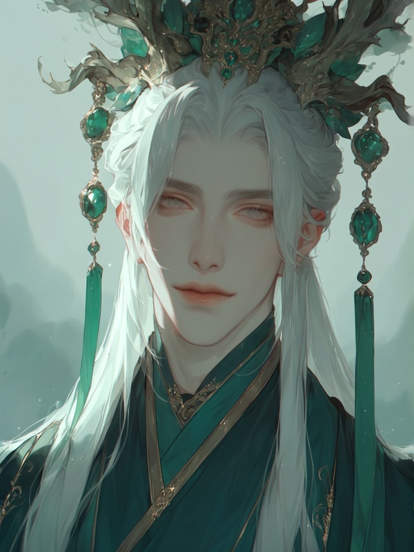 0mu0,  male with long silver-white hair tied with jade green ribbon,  soft grey eyes with golden flecks on Tensor.Art