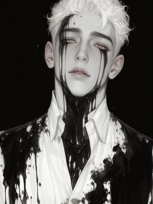 0mu0,  1boy with ink spreading from eyes down face,  black tears on Tensor.Art