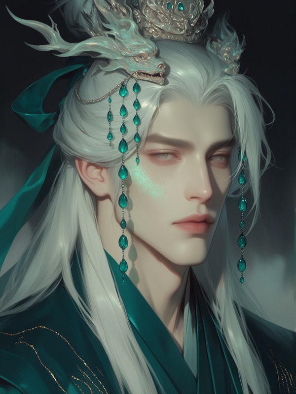 candyniji,  painterly brushstrokes,  male with long silver-white hair tied with jade green ribbon on Tensor.Art