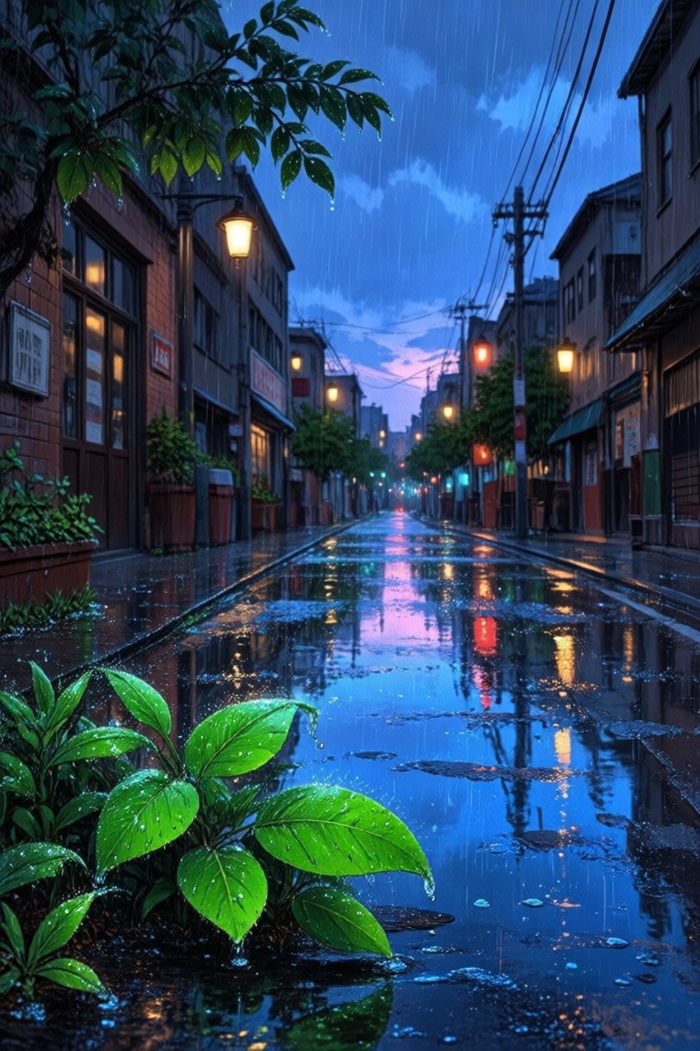 The image depicts a serene,  rain-soaked urban scene at dusk or dawn. The street is wet,  reflecting the colorful lights f...