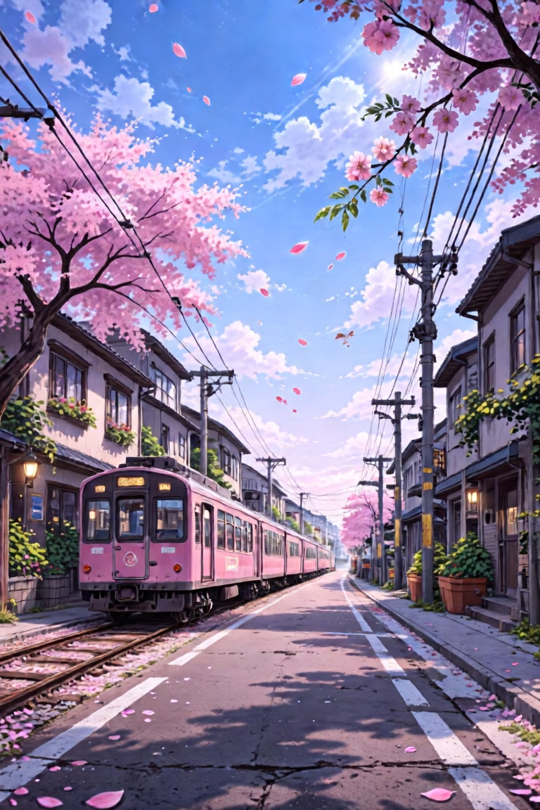 Street,  cherry tree,  train front in the middle of street on Tensor.Art