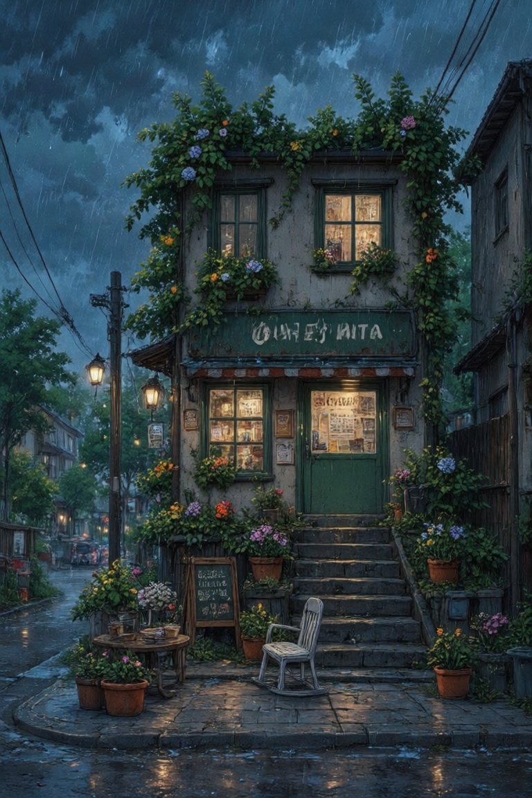 The image depicts a charming,  two-story building with a staircase leading up to a green door. The building is adorned wit...
