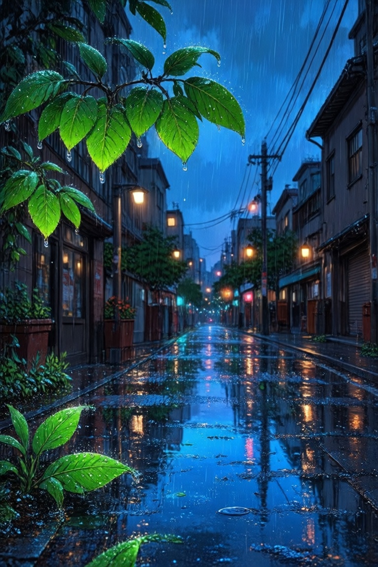 The image depicts a serene,  rain-soaked urban scene at dusk or dawn. The street is wet,  reflecting the colorful lights f...